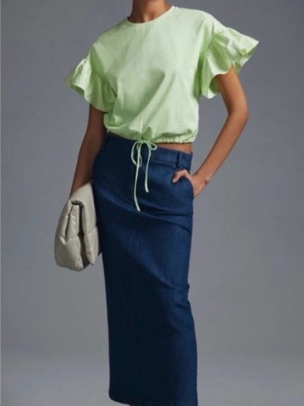 Anthropologie Light Green Ruffle-Sleeve Crop Top